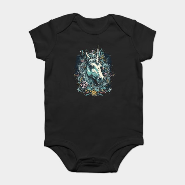 Unicorn surrounded by flowers and confetti Baby Bodysuit by WarFX Designs